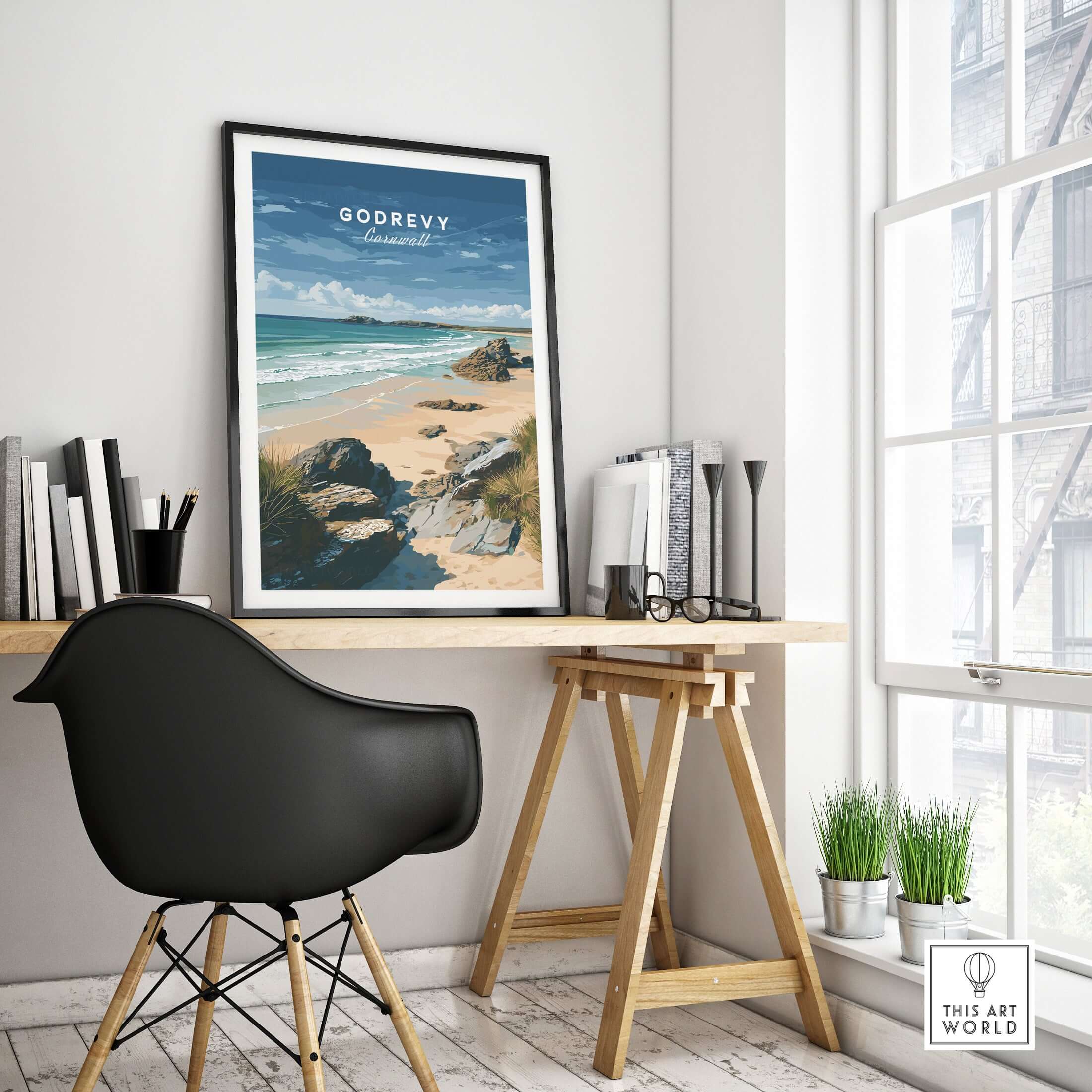 Godrevy Beach Poster - North Cornwall Coast Wall Decor in a modern workspace setting with a black chair and books.