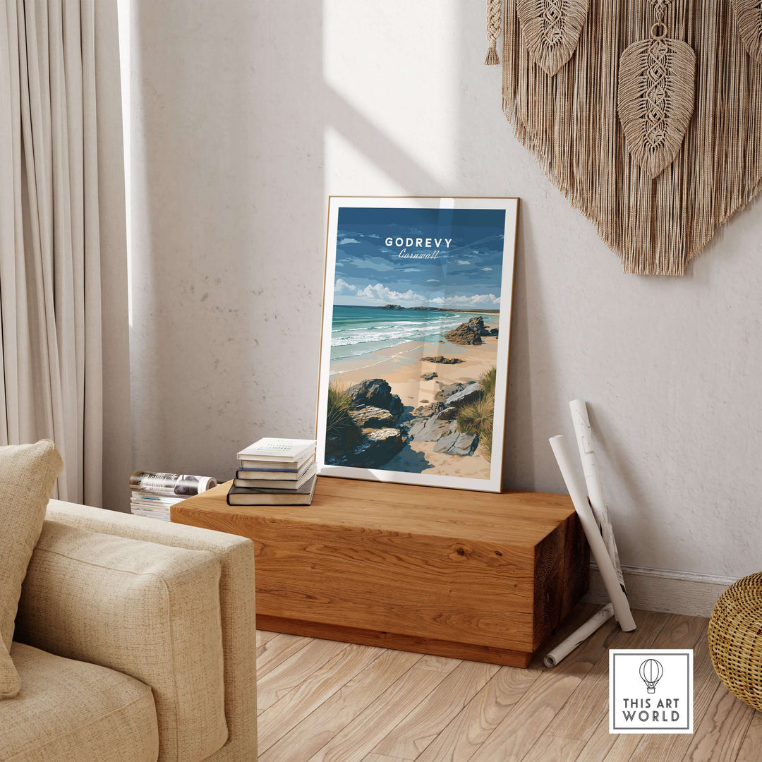 Godrevy Beach poster featuring a scenic coastal view displayed in a stylish living room decor.