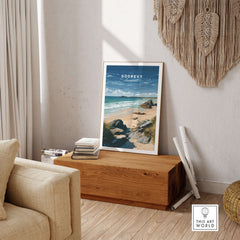 Godrevy Beach Poster - North Cornwall Coast Wall Decor displayed in a stylish living room setting.