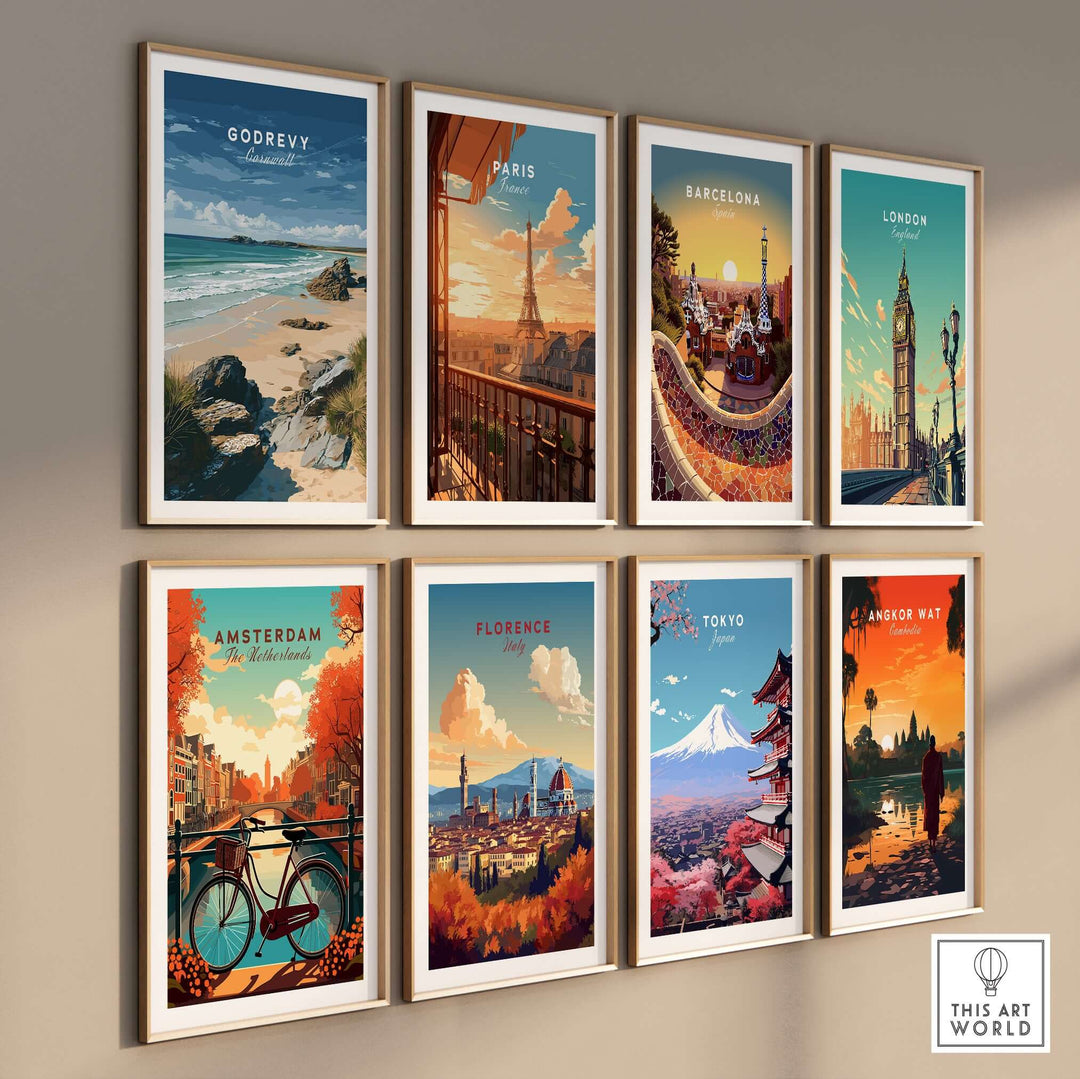 Gallery wall featuring travel posters including Godrevy Beach, Paris, Barcelona, London, Amsterdam, Florence, Tokyo, and Angkor Wat.