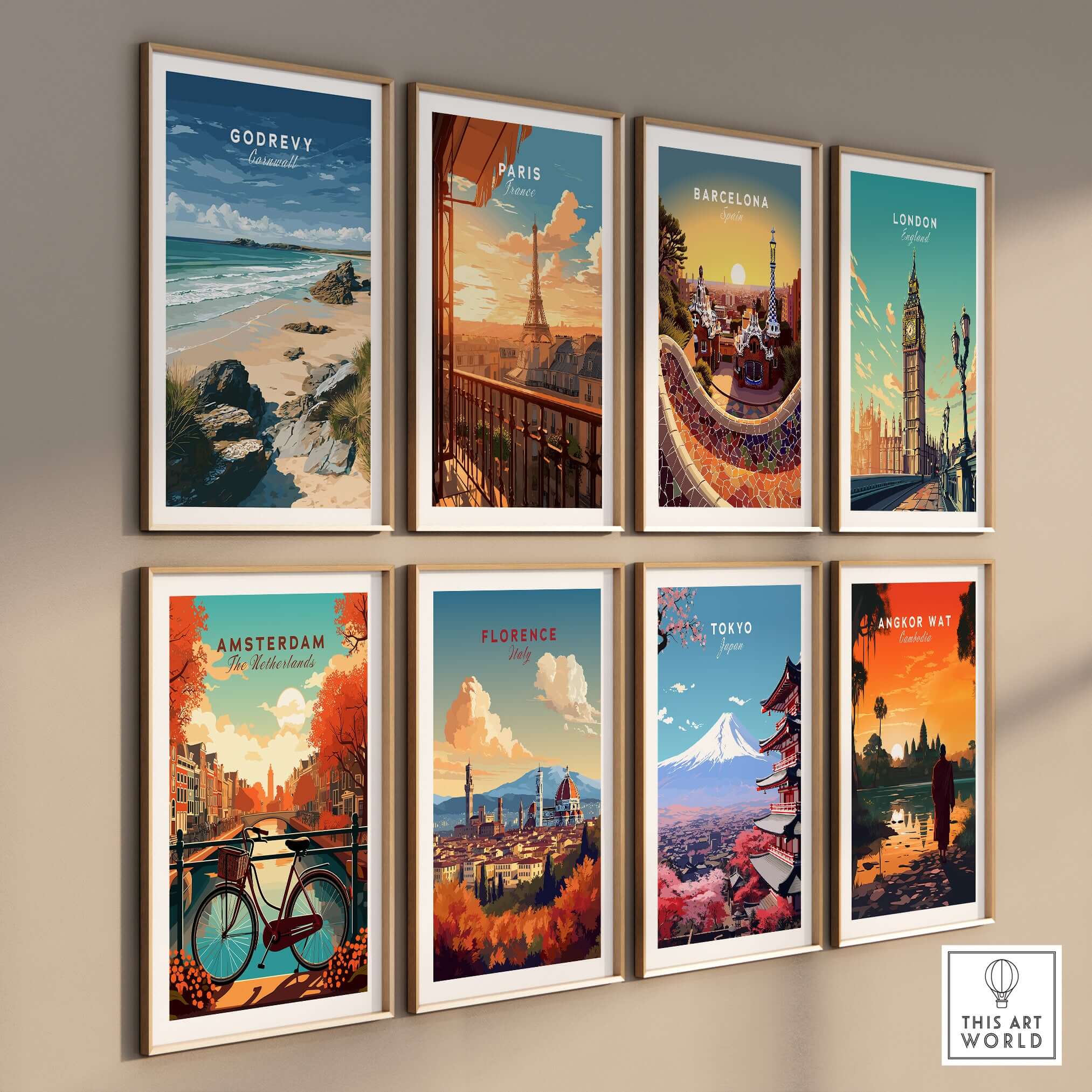 Godrevy Beach Poster - North Cornwall Coast Wall Decor displayed with other city travel art prints.