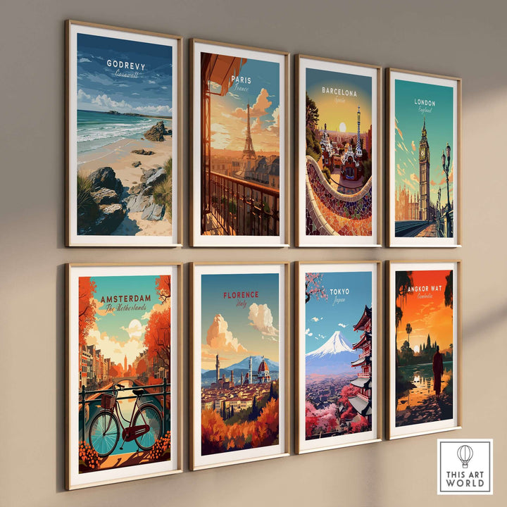 Gallery wall featuring travel posters including Godrevy Beach, Paris, Barcelona, London, Amsterdam, Florence, Tokyo, and Angkor Wat.