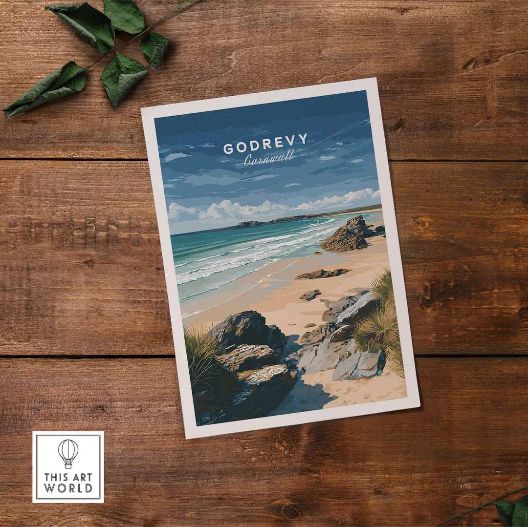 Godrevy Beach poster depicting North Cornwall's coastline and lighthouse, perfect wall decor for beach lovers.