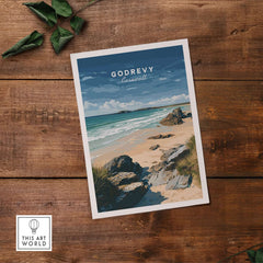 Godrevy Beach Poster - North Cornwall Coast Wall Decor featuring serene beach landscape and iconic lighthouse.