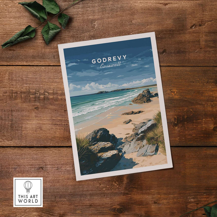 Godrevy Beach poster depicting North Cornwall's coastline and lighthouse, perfect wall decor for beach lovers.