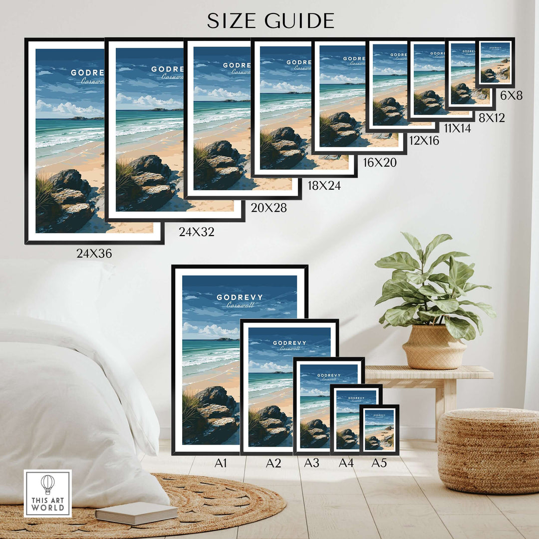 Size guide for Godrevy Beach Posters in various frame sizes showcasing a coastal art design.