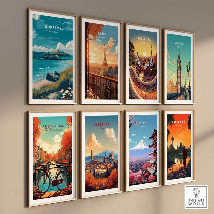 Gallery of travel posters featuring Godrevy, Paris, Barcelona, London, Amsterdam, Florence, Tokyo, and Angkor Wat.
