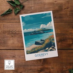 Godrevy Poster - Cornwall Beach Travel Print - Godrevy Wall Art featuring the picturesque Godrevy Lighthouse and coastline.