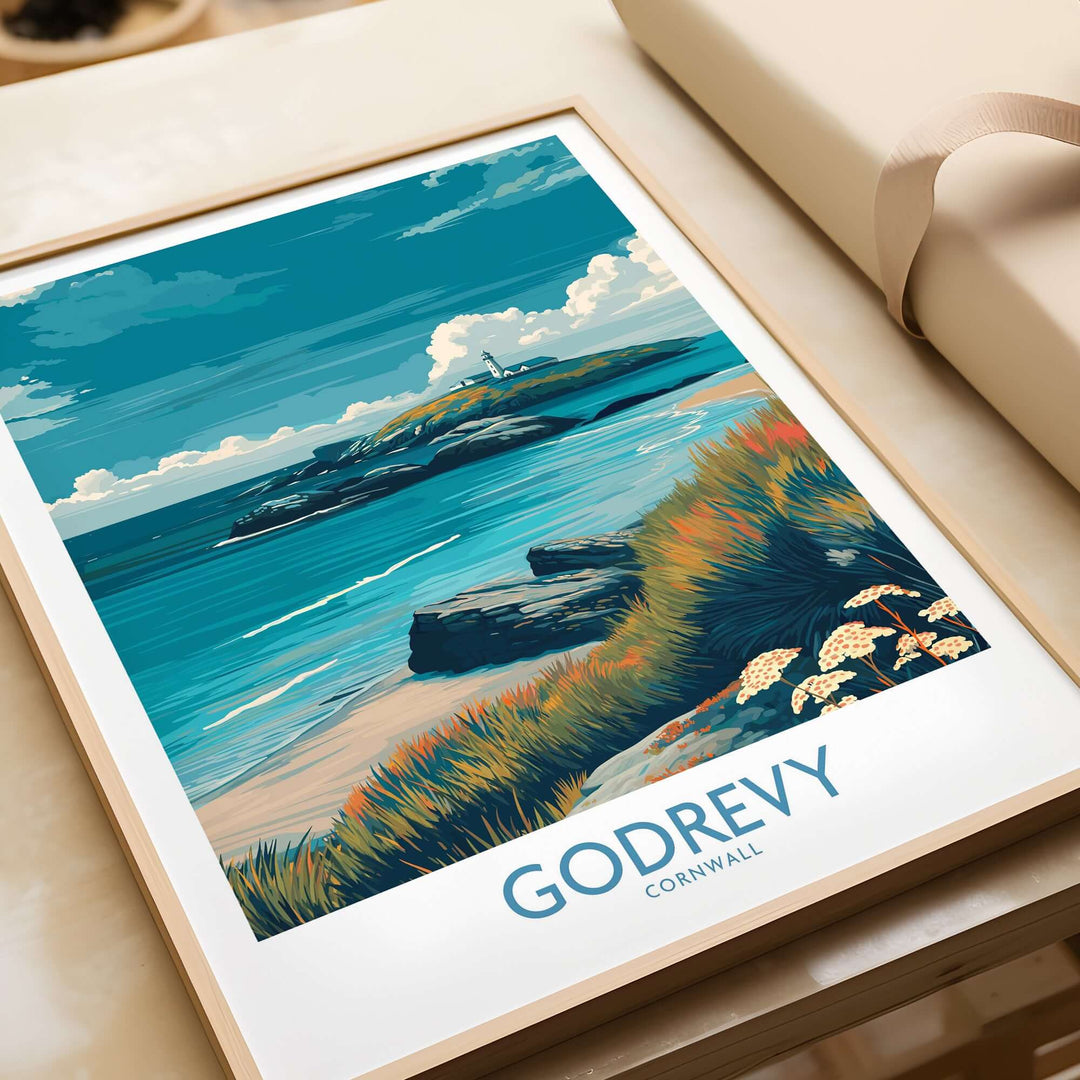 Godrevy poster featuring Cornwall beach and lighthouse artwork, perfect for coastal decor enthusiasts.
