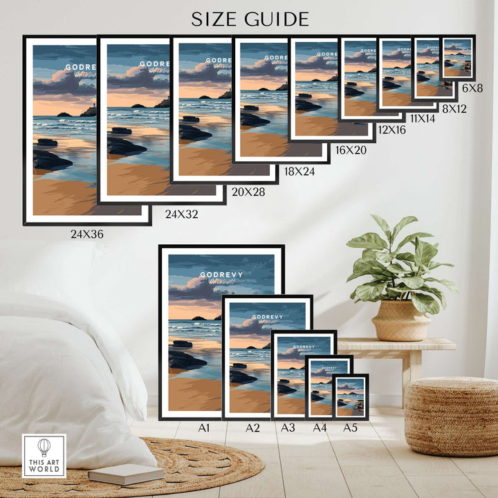 Size guide for Godrevy Lighthouse art print, showcasing various frame sizes against a cozy home backdrop.