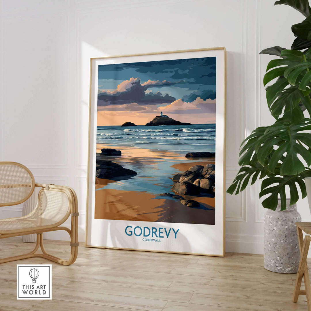 Godrevy poster depicting a lighthouse at sunset, showcasing Cornwall's coastline and beach decor.