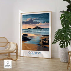 Godrevy Poster - Lighthouse Sunset - Cornwall Travel Print - Coastal Art - Beach Wall Decor displayed in a stylish interior.