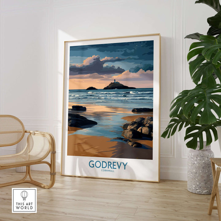 Godrevy poster depicting a lighthouse at sunset, showcasing Cornwall's coastline and beach decor.