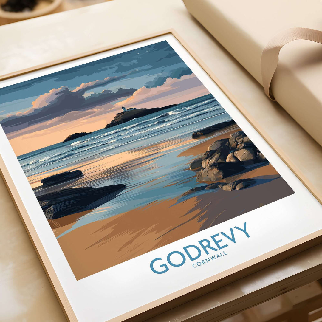 Godrevy poster showcasing a sunset over the coastline of Cornwall, ideal for beach wall decor.