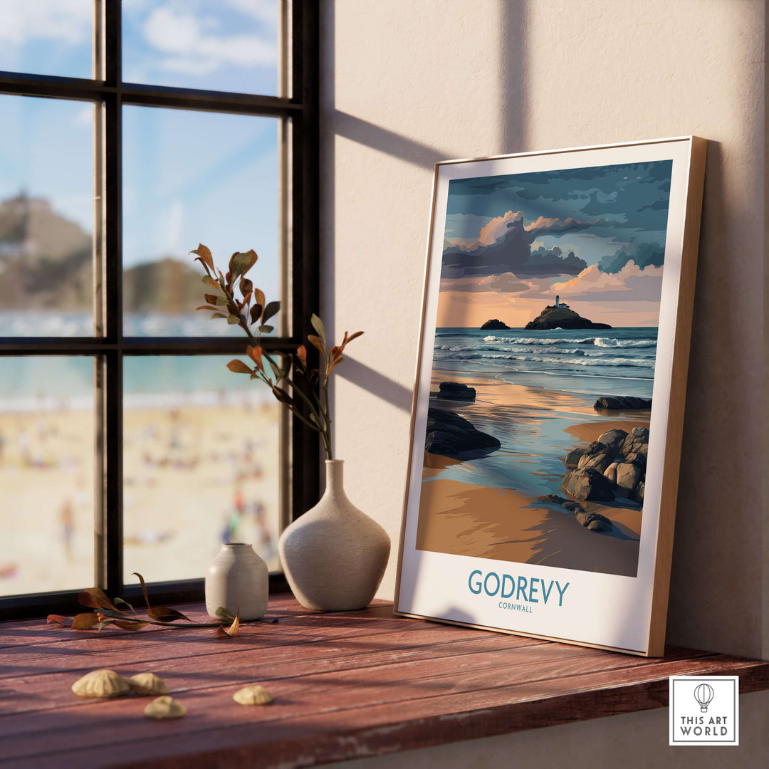 Framed Godrevy poster showcasing a lighthouse at sunset, perfect coastal wall decor for beach enthusiasts.