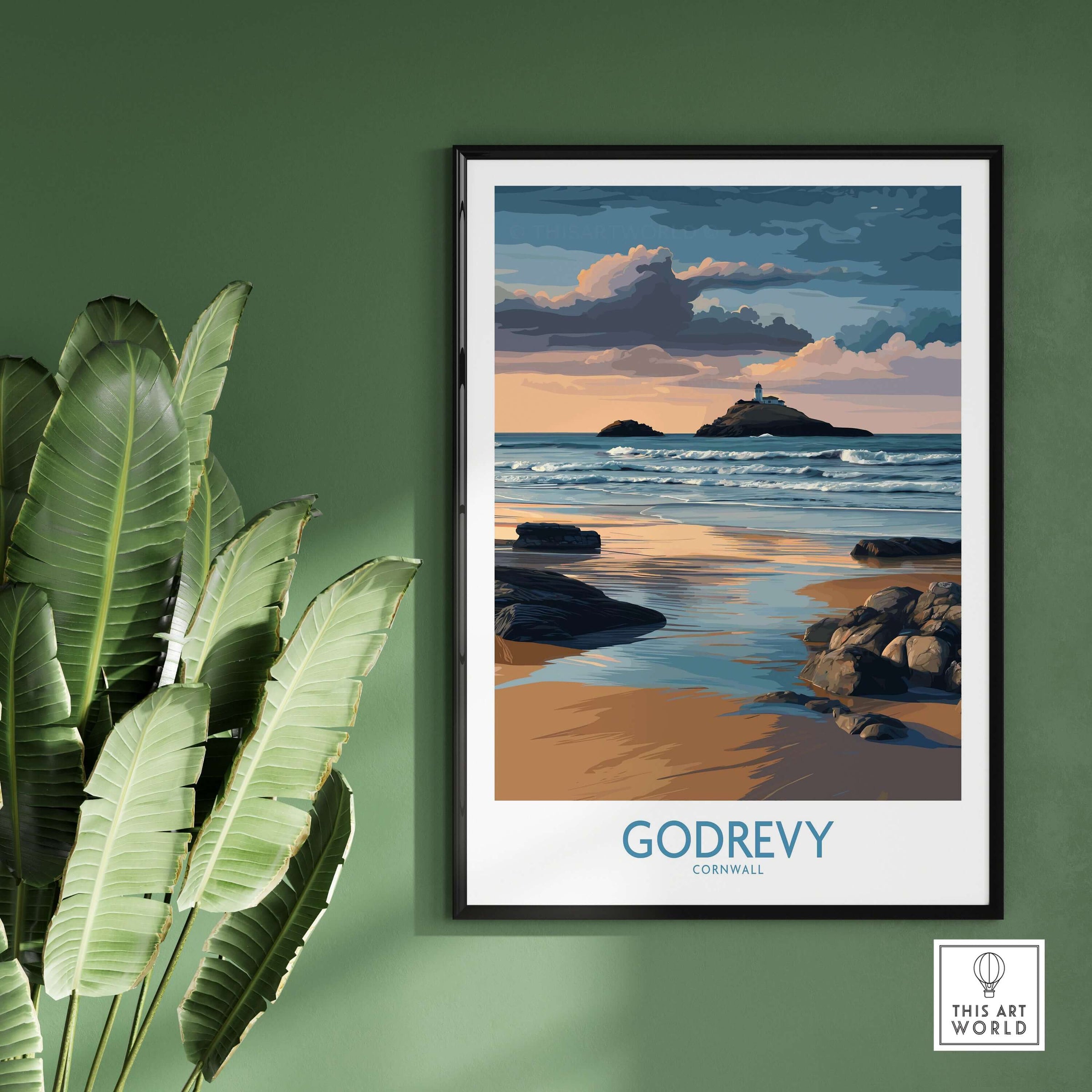 Godrevy Poster - Lighthouse Sunset - Cornwall Travel Print - Coastal Art - Beach Wall Decor on a green wall