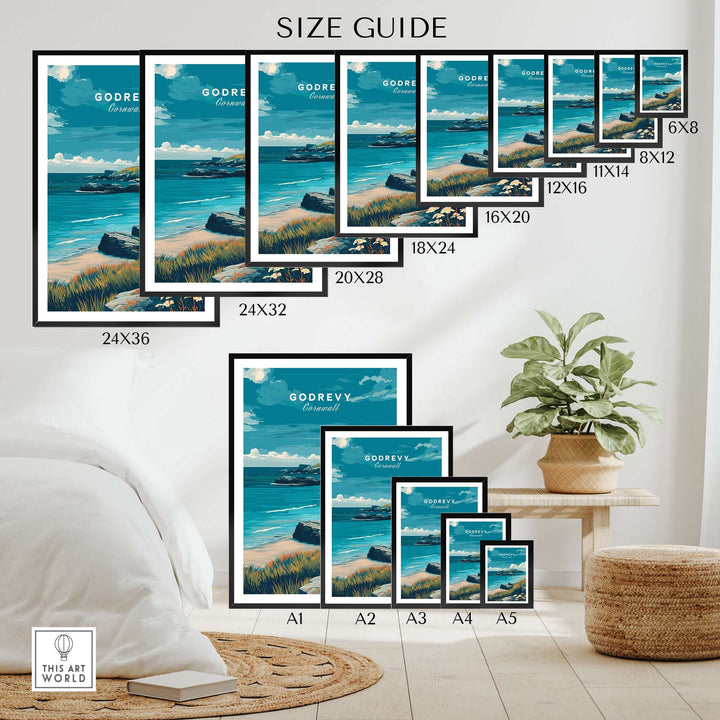 Size guide showing various dimensions for the Godrevy Cornish Coast art print poster.