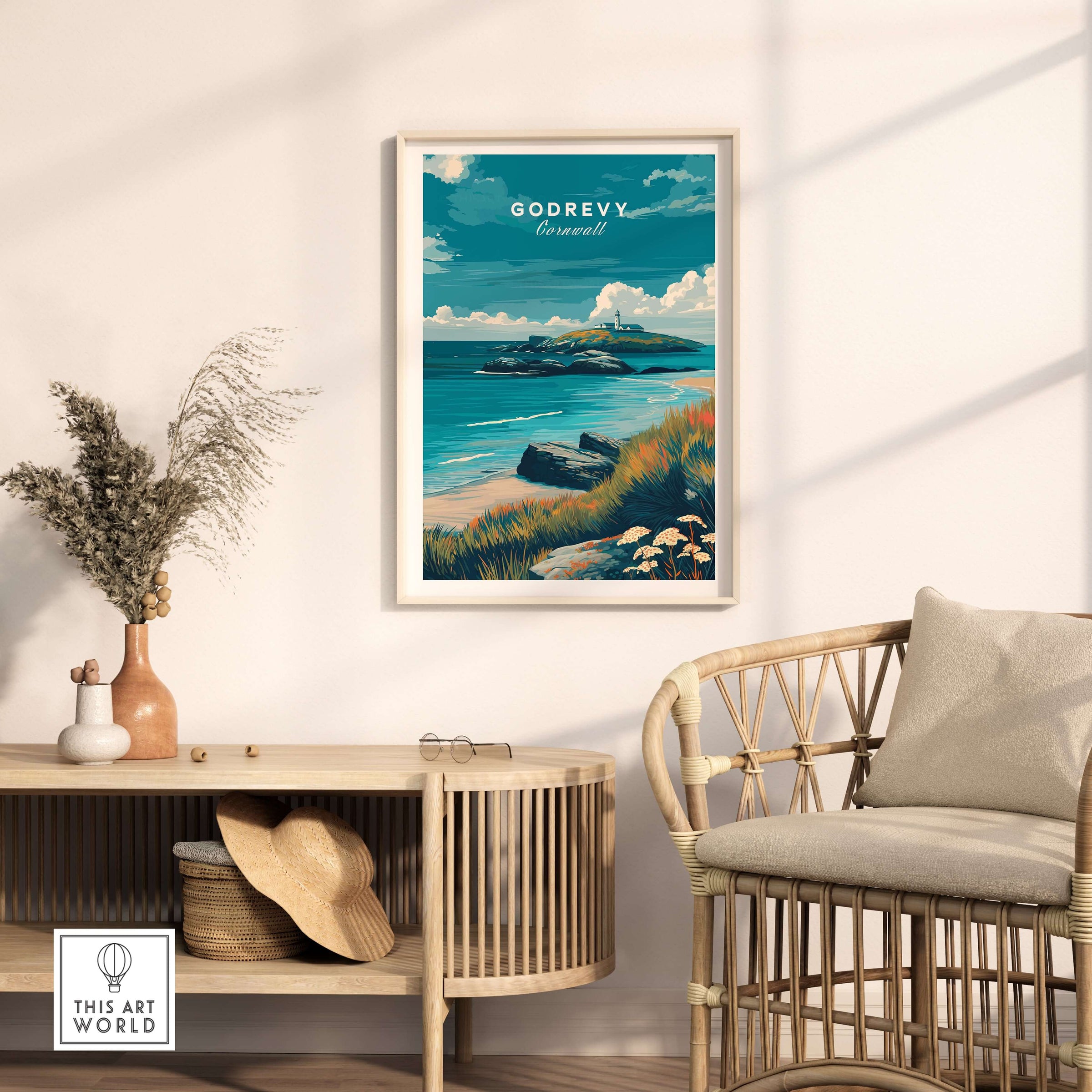 Godrevy Poster - Cornish Coast Art Print - Seascape Wall Decor framed in a stylish interior setting with furniture.