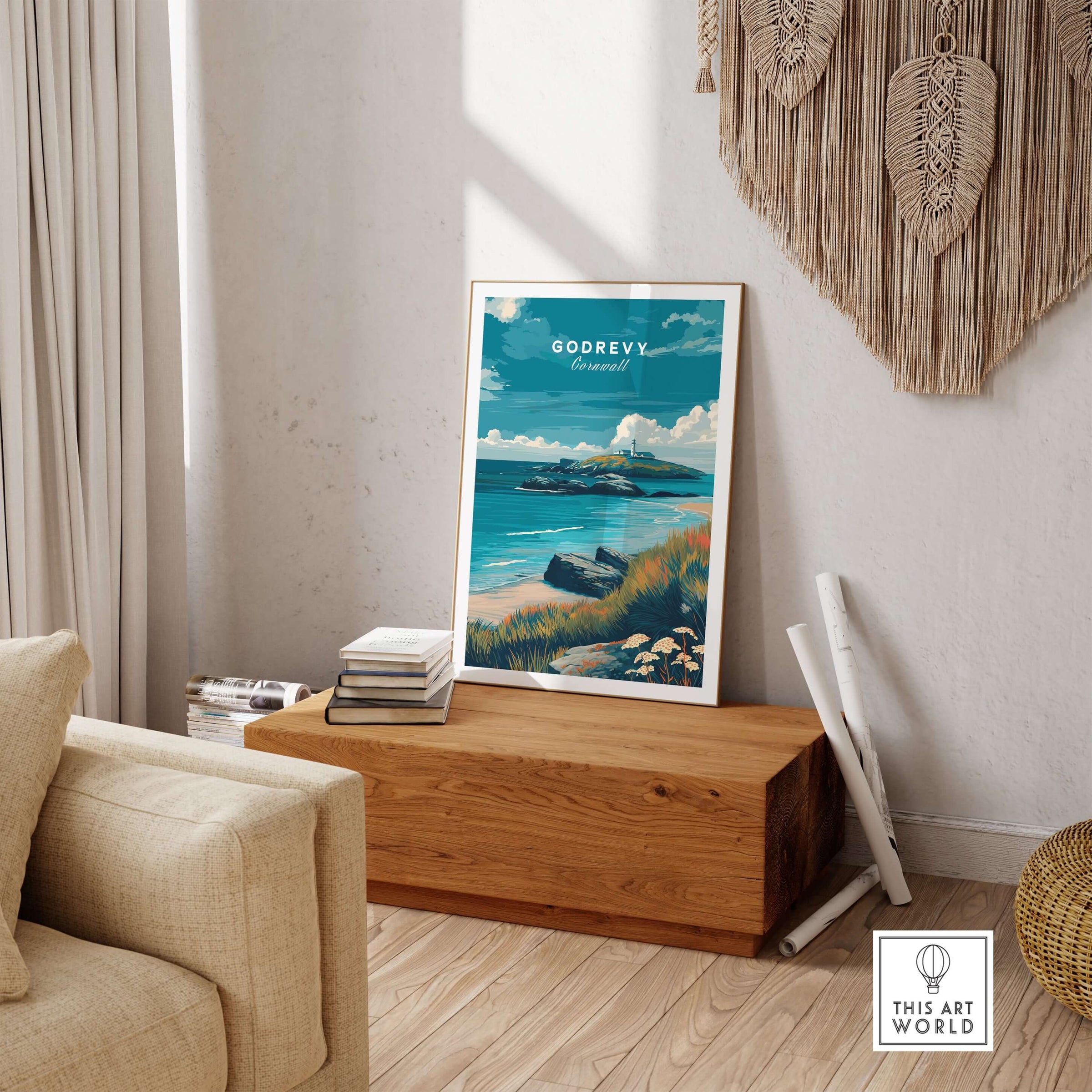 Godrevy Poster - Cornish Coast Art Print - Seascape Wall Decor displayed in a stylish room with wooden decor.