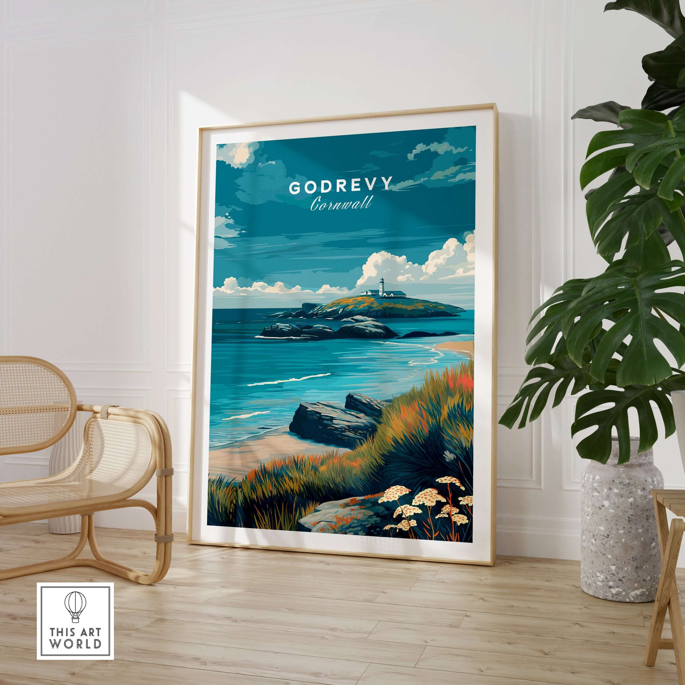 Godrevy Poster - Cornish Coast Art Print - Seascape Wall Decor in a stylish interior setting with plants.