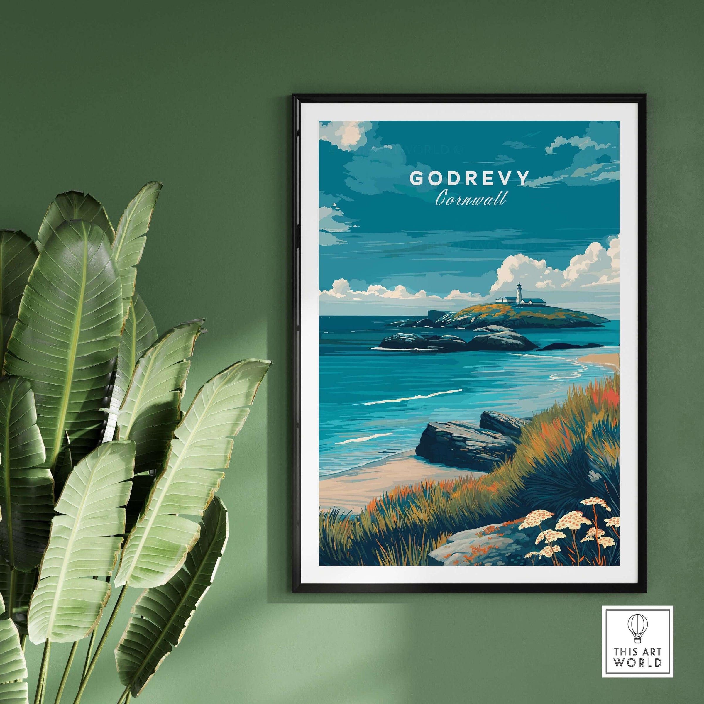 Godrevy Poster - Cornish Coast Art Print - Seascape Wall Decor showcasing a vibrant coastal scene with a lighthouse.