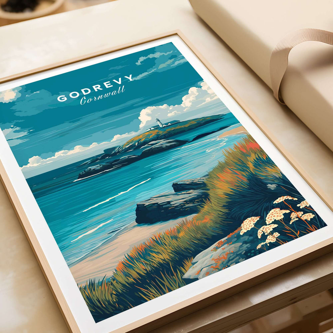 Godrevy poster featuring the Cornish coast, seascape with lighthouse, and vibrant coastal flora.