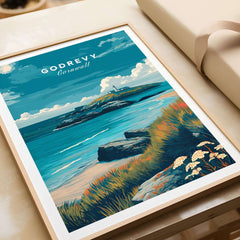 Godrevy Poster - Cornish Coast Art Print - Seascape Wall Decor featuring a vibrant view of Godrevy lighthouse and coastline.