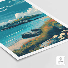 Godrevy Poster - Cornish Coast Art Print - Seascape Wall Decor featuring a picturesque view of the coastline and lighthouse.