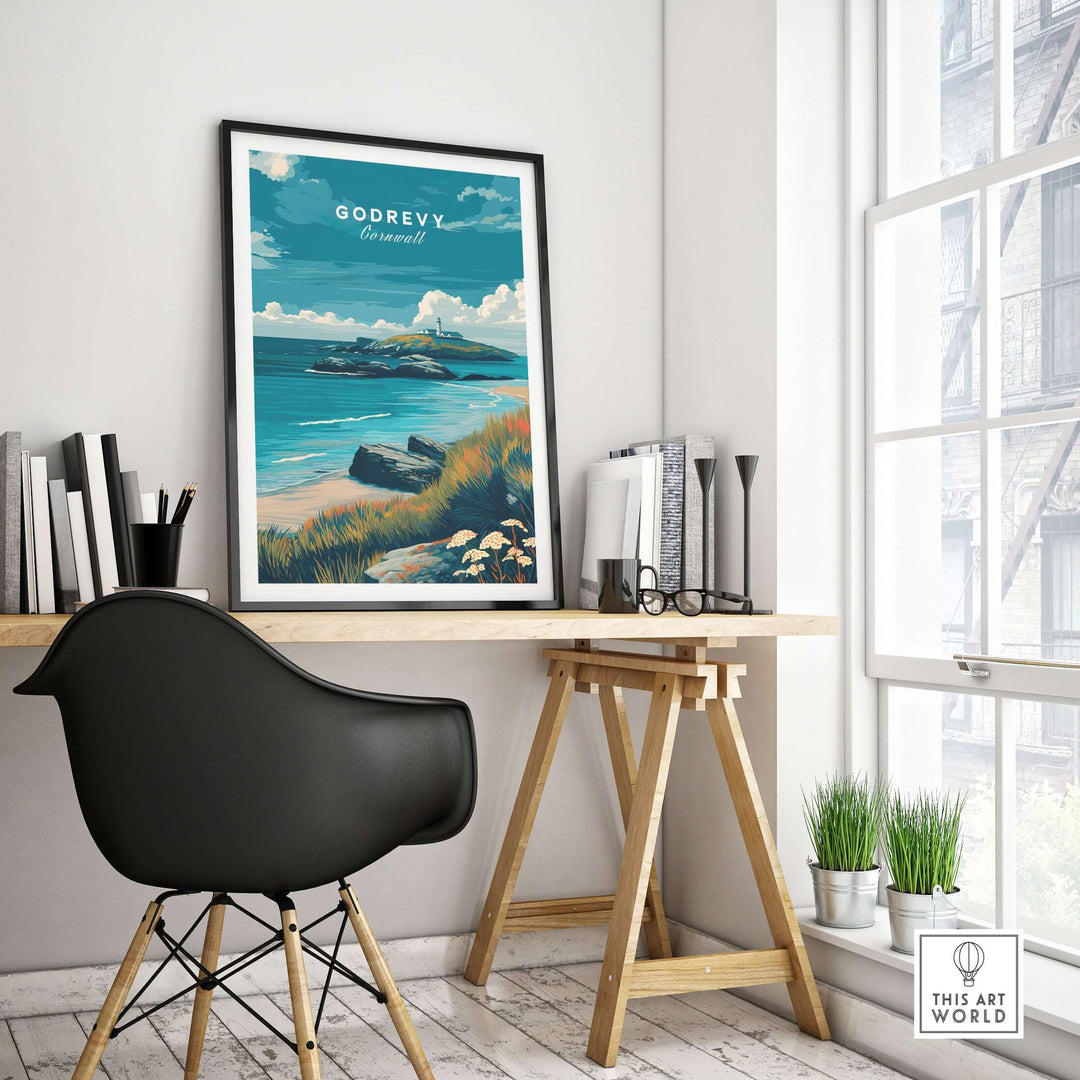 Godrevy poster art print featuring Cornish coastline and lighthouse, perfect seascape wall decor for coastal lovers.
