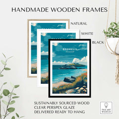 Handmade wooden frames for Godrevy Poster - Cornish Coast Art Print - Seascape Wall Decor in natural, white, and black.