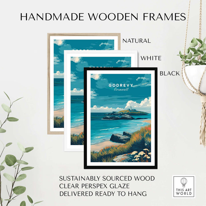 Handmade wooden frames in natural, white, and black finishes for Godrevy poster, sustainably sourced and ready to hang.