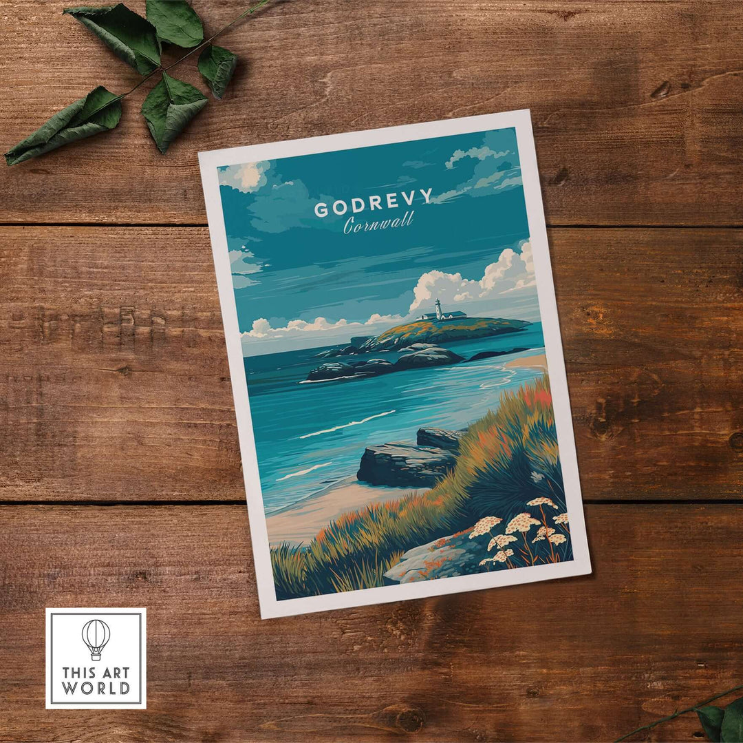 Godrevy poster art print showcasing the Cornish coast with a lighthouse and vibrant seascape, perfect for wall decor.