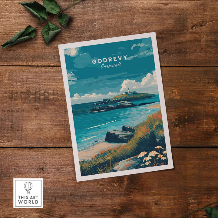 Godrevy poster art print showcasing the Cornish coast with a lighthouse and vibrant seascape, perfect for wall decor.