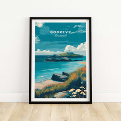 Godrevy Poster - Cornish Coast Art Print - Seascape Wall Decor showcasing Godrevy lighthouse and coastal scenery.