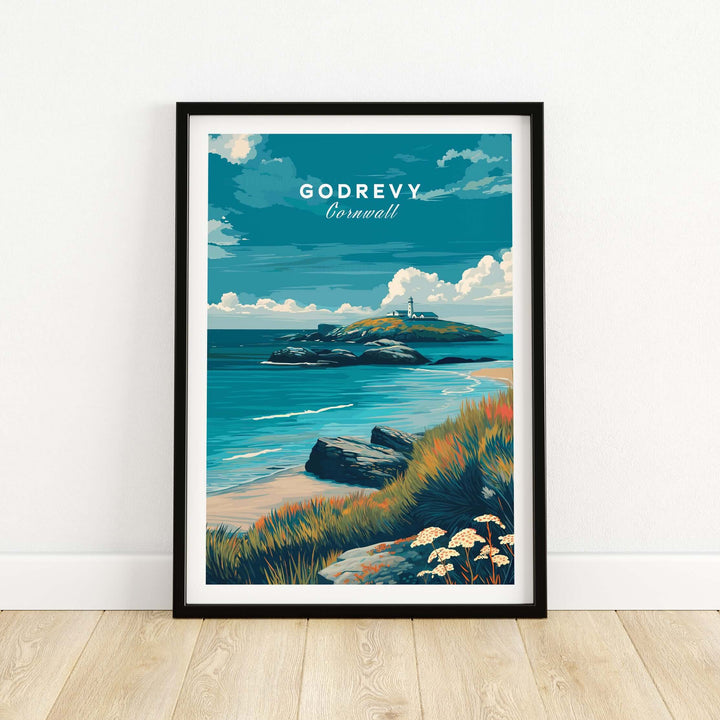 Godrevy poster art print featuring a colorful seascape of Cornwall with lighthouse and coastal foreground.