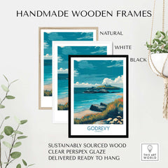 Godrevy Poster - Cornwall Beach Travel Print - Godrevy Wall Art displayed in handmade wooden frames.