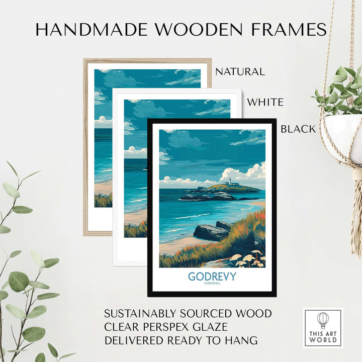 Handmade wooden frames in natural, white, and black for Godrevy Cornwall beach travel print decor.