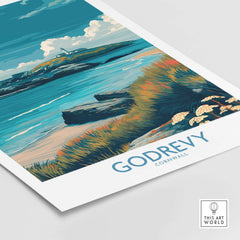 Godrevy Poster - Cornwall Beach Travel Print - Godrevy Wall Art featuring serene coastal landscape and lighthouse.