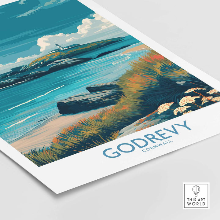 Godrevy Poster showcasing Cornwall beach with lighthouse, capturing serene coastal landscapes and vibrant colors.