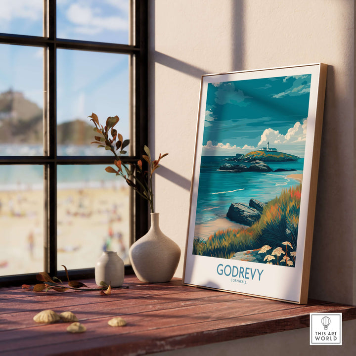 Godrevy poster featuring Cornwall beach and lighthouse, framed by a window, perfect wall art for coastal decor.
