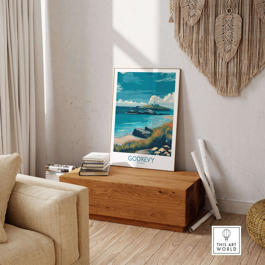 Godrevy poster featuring a serene beach scene with Godrevy Lighthouse, styled in a modern room, perfect coastal wall art.