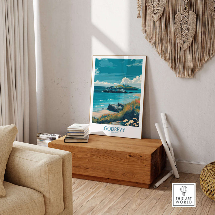 Godrevy poster featuring a serene beach scene with Godrevy Lighthouse, styled in a modern room, perfect coastal wall art.