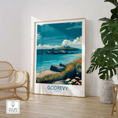 Godrevy Poster - Cornwall Beach Travel Print - Godrevy Wall Art featuring serene coastline and lighthouse.