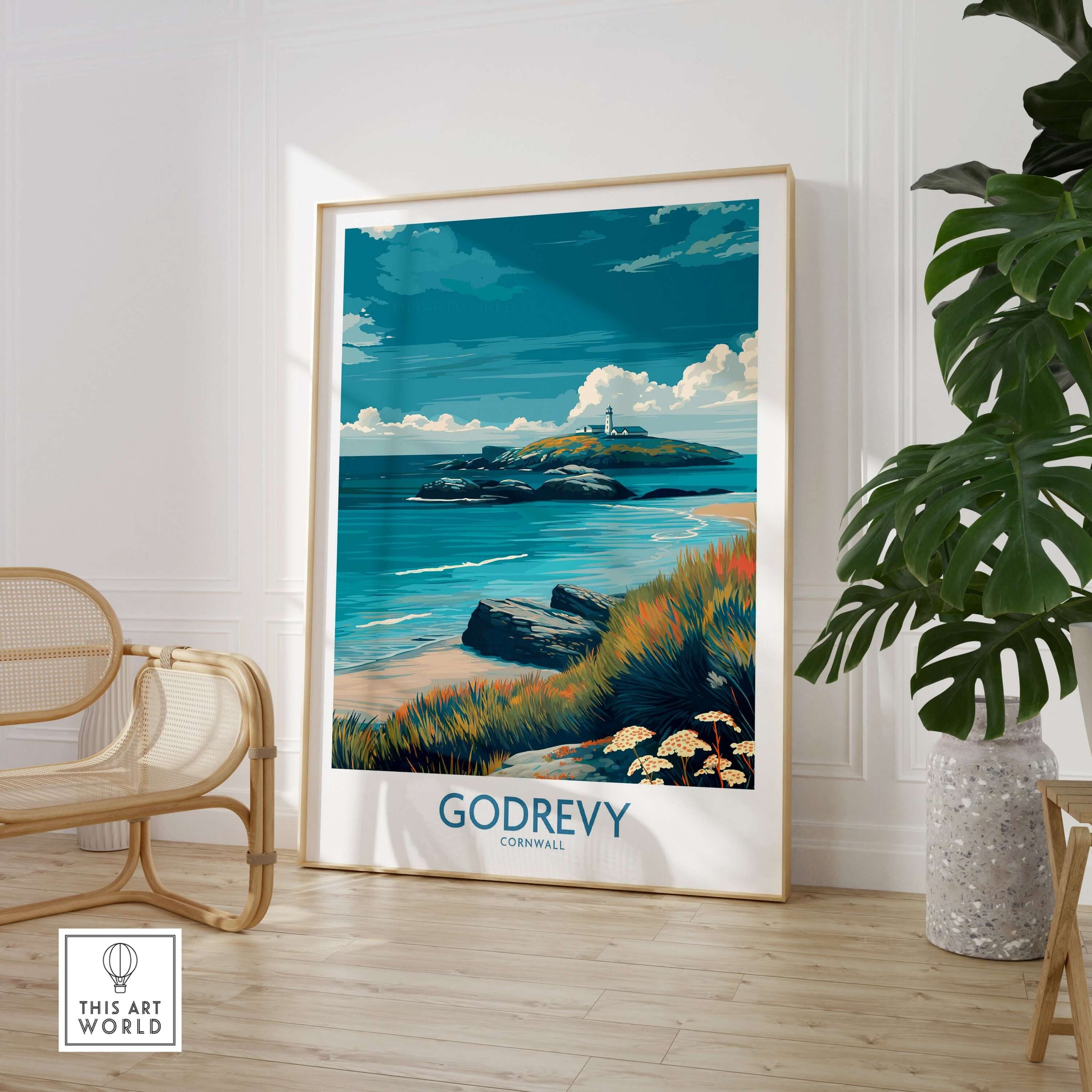 Godrevy Poster - Cornwall Beach Travel Print - Godrevy Wall Art featuring serene coastline and lighthouse.