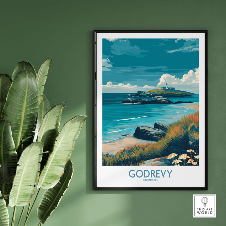 Godrevy poster featuring Cornwall's coastline and lighthouse, framed on a green wall, showcasing serene beach scene.
