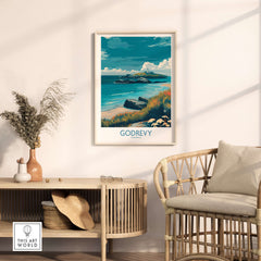 Godrevy Poster - Cornwall Beach Travel Print - Godrevy Wall Art displayed in a stylish room with coastal decor.