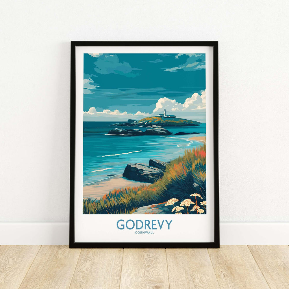 Framed Godrevy poster showcasing Cornwall beach, lighthouse, and serene coastal landscape art.