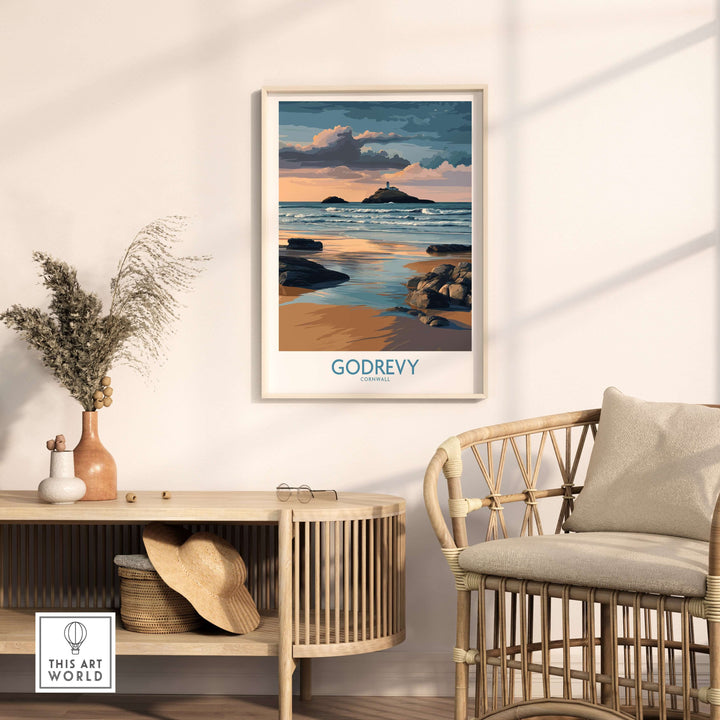 Godrevy lighthouse sunset poster in a stylish coastal decor setting, showcasing Cornwall's beach beauty.