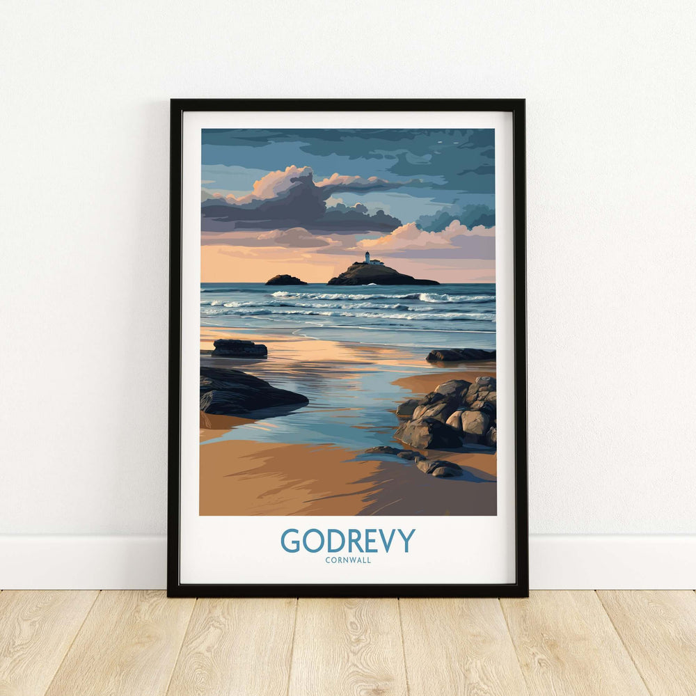 Godrevy poster featuring a sunset over the lighthouse and beach, ideal for coastal decor in homes.