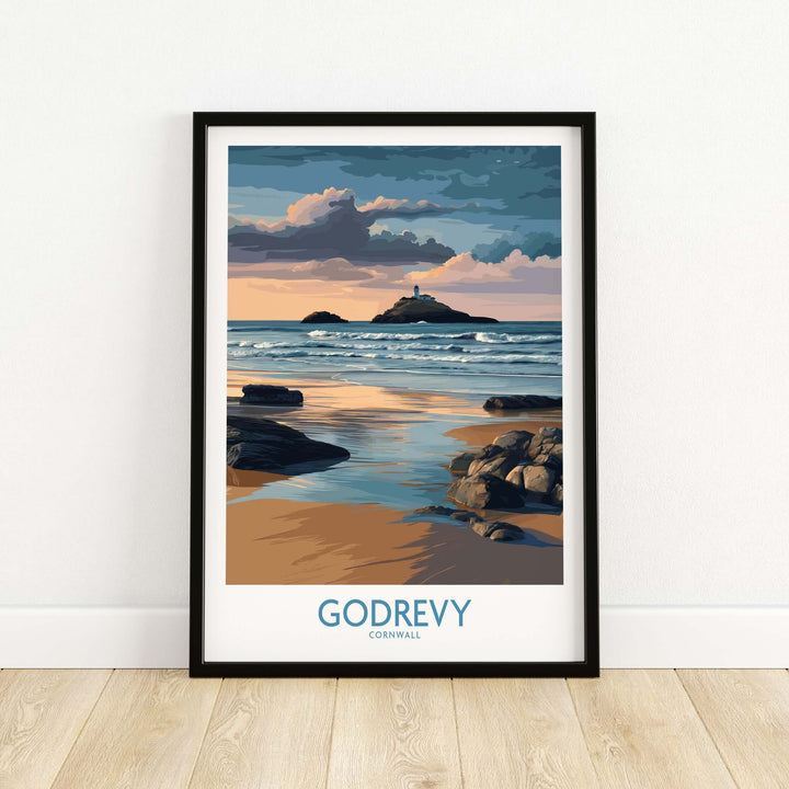 Godrevy poster featuring a sunset over the lighthouse and beach, ideal for coastal decor in homes.